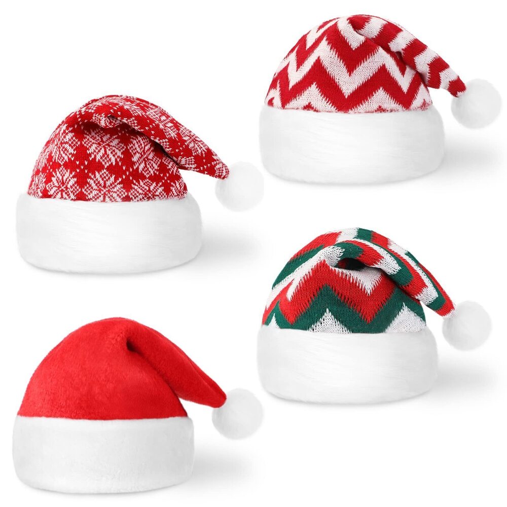 9138 4 Pcs Christmas Hat Adult Santa Glitter Sequin Xmas Cap Plush White